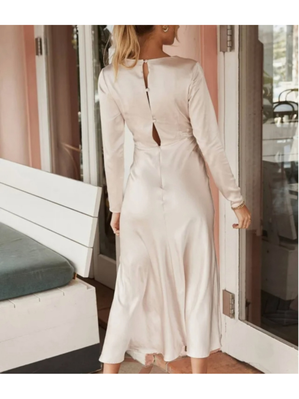New Selfie Leslie Satin Midi Champagne Long Sleeves Dress Size 6 - Picture 2 of 10